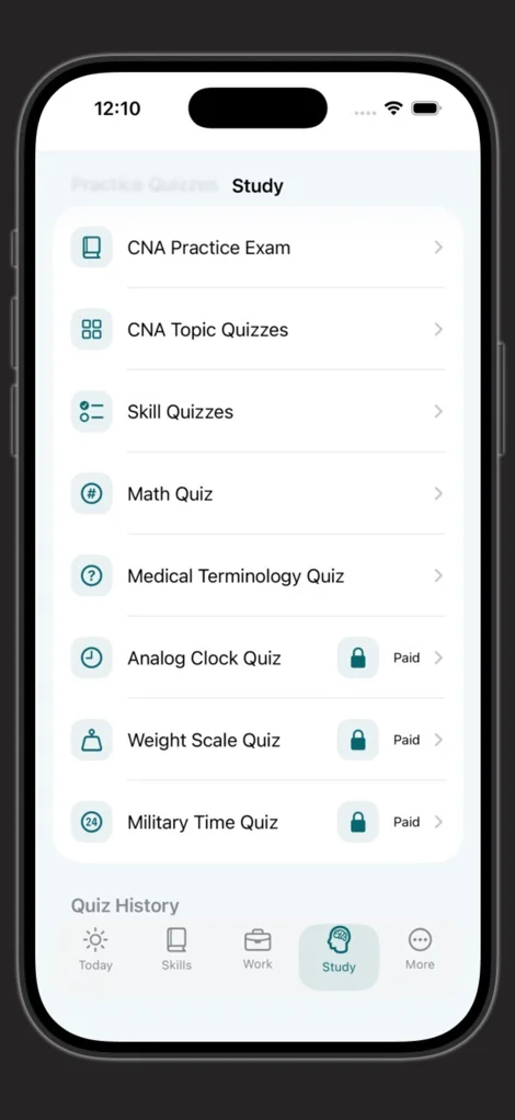 MyCNAPal iPhone app showing practice quizzes and clearly labeled paid tools